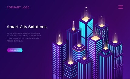 smart city solution, internet of things and network technology, isometric concept vector illustration. tall urban buildings block isolated on ultraviolet background