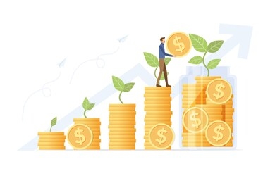 growing saving concept. young man putting coins in jar on money stack step growing growth saving money. vector illustration flat design style.