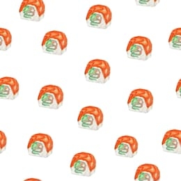 watercolor seamless pattern on white background, salmon or sake sushi roll that placed piece of avocado and cucumber on rice then roll with sliced fresh raw salmon and slice each roll into bite-size.