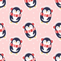 seamless cute pattern, penguins, snow, snowflakes. penguin in knit scarf, winter. print for wrapping, wallpaper, fabric, textile. cartoon vector illustration for children, girls. pink background.
