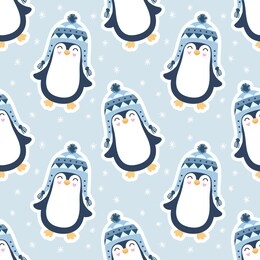 seamless cute pattern, penguins, snow, snowflakes. penguin in knit scarf, winter. print for wrapping, wallpaper, fabric, textile. cartoon vector illustration for children, boys. blue background.