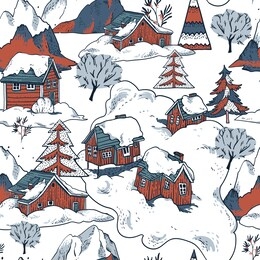 Сhristmas seamless pattern, winter red houses covered with snow in scandinavian style, happy new year natural background, vintage mountains landscape 