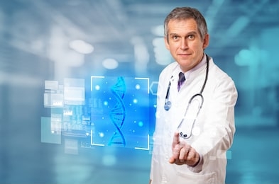 doctor touching virtual screen with biology and genetic concept