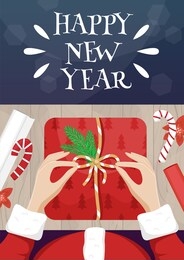 christmas card with santa claus packing a gift. flat lay  new year poster.