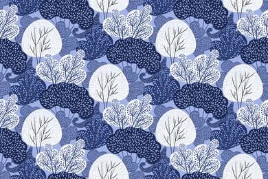 winter seamless pattern with hand drawn trees in snow. stylized embroidery forest. christmas decoration background in white and blue colors. creative design. vector illustration.
