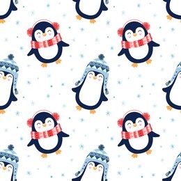 seamless cute pattern, penguins, snow, snowflakes, winter. penguin in knitted cap, scarf. print for packaging, wallpaper, fabric, textile. cartoon vector illustration for children.