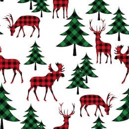 
buffalo plaid woodland seamless pattern. checkered animals (deer, moose) and  fir trees on a white background. lumberjack vector illustration.