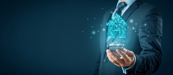 smart home, intelligent house, and home automation app concept. smart house icon with pcb design and person with smart phone.