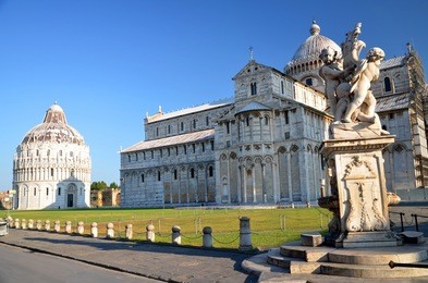 the statue of angels on square of miracles in pisa, italy
