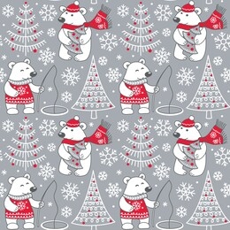 polar bears seamless pattern. animal cartoon with christmas tree and fisher bear and snowy forest. winter background. vector illustration.