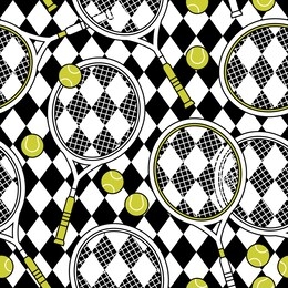 seamless pattern of tennis racket with balls on checkered background.