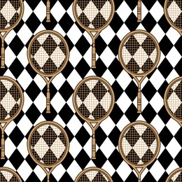 seamless pattern of gold tennis racket on checkered background.