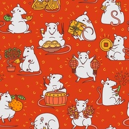 rat with different chinese new year symbols seamless red pattern. cute mouse holds money and lanterns eats cheese and festive food drums and lets off fireworks vector outline cartoon background.