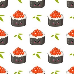 kawaii sushi, sashimi and rolls - seamless pattern or background, cartoon emoji manga style, traditional japanese or asian cuisine and food isolated on white - vector for wrapping, textile
