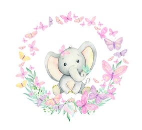 cute baby elephant surrounded by butterflies, tropical plants and flowers. watercolor frame. for children's invitations. children's textiles.
