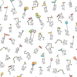 cartoon happy little people with garlands and flags. seamless pattern with positive humans. hand drawn cartoon  illustration for celebration background.