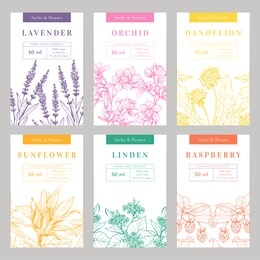 hand made products hand drawn vector packaging templates set. herbal cosmetics, natural beauty product branding, identity design. eco skincare with linden, sunflower, lavender organic ingredients