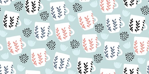 seamless pattern with cups of coffee illustrations with polka dots and cartoon flowers on blue background. autumn and winter mood. home textile pattern in pastel colors. scandinavian style