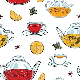 hand drawn vector illustration in sketch style. kettles and mugs with different types of tea. seamless pattern isolated on white. tea time wallpaper. background of hot drinks. elements for many design