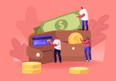 successful business people put money in huge purse. tiny men and women characters holding huge golden coins and currency bills. savings, cash and credit cards concept. cartoon flat vector illustration