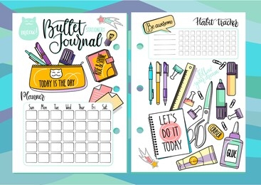 bullet journal stationery set with handwriting & calligraphy. cute vector diary elements isolated on white. pens, highlighter, planner, habit tracker, cats, pencil case, eraser, scissors, notebooks.
