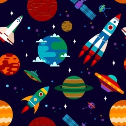 seamless pattern with rockets, satellites, planets and ufo.flat vector illustration.