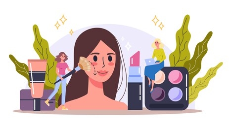 makeup concept. woman on beauty procedure, applying cosmetics on the face. isolated vector illustration in cartoon style