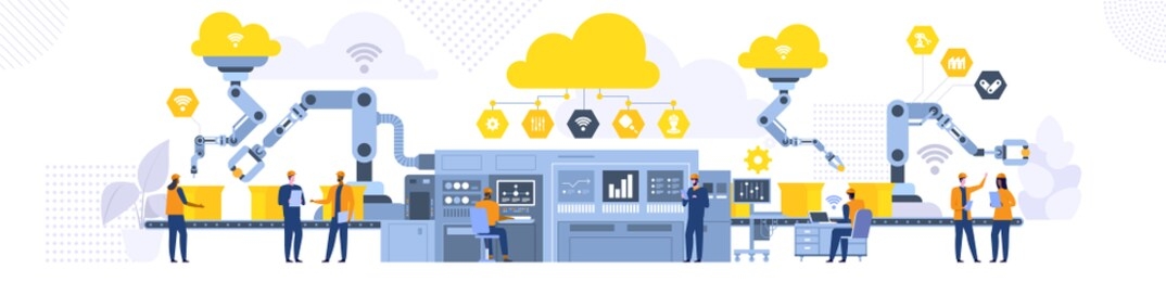 assembly line with robotic arms flat illustration. male and female factory workers, engineers cartoon characters. automated production process, high tech machinery. industrial revolution concept