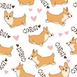 seamless pattern with cute cartoon welsh corgi and hearts