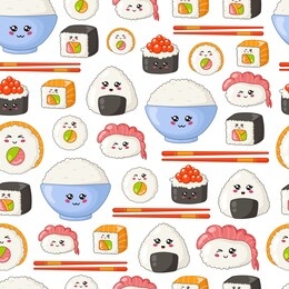 kawaii sushi, sashimi and rolls - seamless pattern or background, cartoon emoji, manga style, traditional japanese or asian cuisine and food isolated on white - vector for wrapping, textile