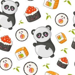 kawaii sushi, sashimi and rolls - seamless pattern or background, cartoon emoji, manga style, traditional japanese or asian cuisine and food isolated on white - vector for wrapping, textile