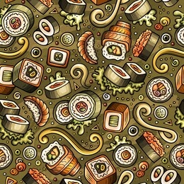 cartoon cute hand drawn japan food seamless pattern. colorful with lots of objects background. endless funny illustration. bright colors backdrop with japanese cuisine symbols and items