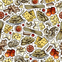 cartoon cute hand drawn italian food seamless pattern. colorful with lots of objects background. endless funny illustration