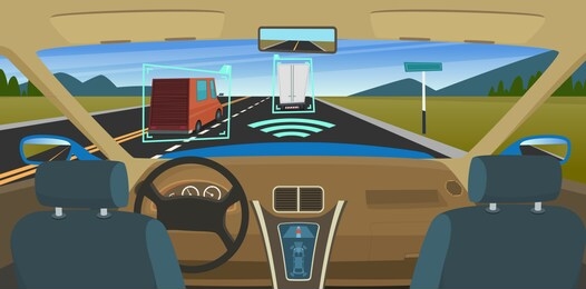 autonomous car. feature vehicles new smart computer technology for safety driving sensors systems hud visual vector concept