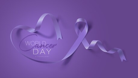world cancer day. calligraphy poster design. realistic lavender ribbon. february 4 th is cancer awareness day. vector illustration