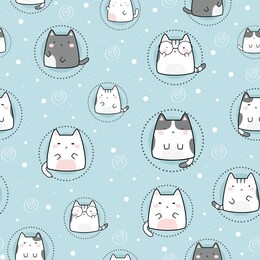 seamless pattern kawaii cute cats, cartoon animals background, vector illustration