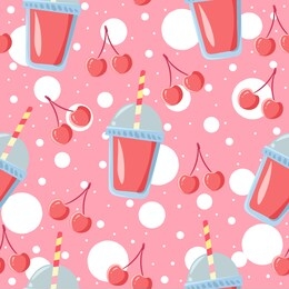 lemonade juice, beverage with cherries in a transparent cup of tea, seamless patterm. illustration of summer drink and pink fruits.