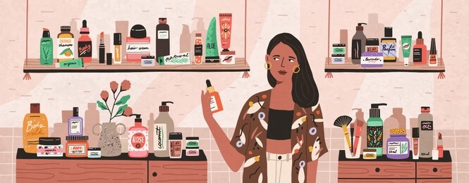 natural cosmetics, eco products choosing in store flat illustration. female shop assistant, cosmetic buyer cartoon character. toiletry assortment. lady skincare, makeup, beauty products choice.