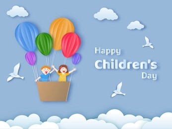 happy children's day text with happy kids flying from hot air balloons on cloudy background in paper cut style. can be used as greeting card or poster design.