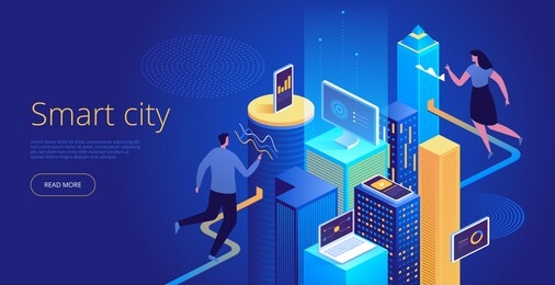 isometric vector concept of smart city or intelligent building. building automation with computer networking illustration. iot platform as future technology. management system thematic background.
