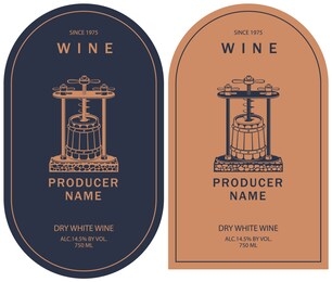 set of two vector labels for dry white wine with image of vintage wine press and wooden barrel in retro style