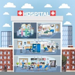 hospital building interior. doctor office and surgery room, reception. medical clinic indoor. doctor and patient. woman in wheelchair.  illustration in cartoon style