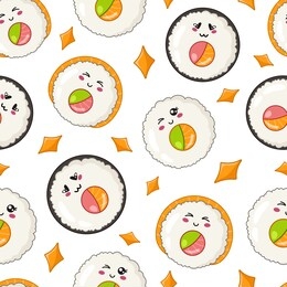 kawaii sushi, sashimi and rolls - seamless pattern or background, cartoon emoji manga style, traditional japanese or asian cuisine and food isolated on white - vector for wrapping, textile