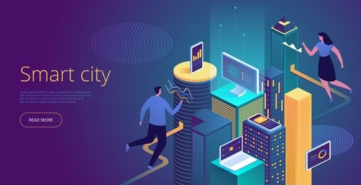 isometric vector concept of smart city or intelligent building. building automation with computer networking illustration. iot platform as future technology. management system thematic background.