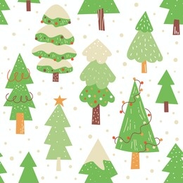 christmas trees hand drawn seamless vector pattern.  green fir trees. winter holiday flat pattern. wrapping paper, print, page fill, web design. vector illustration