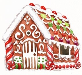 watercolor illustration of gingerbread house, caramel and candy, christmas greeting card. gingerbread