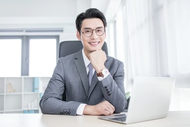 banker broker man in formal wear sit on chair armchair behind desktop with modern technology in bright lite workplace office keeps economic records
