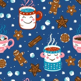 vector seamless pattern of winter hot drinks and sweets. cozy cute mugs  with beverages mulled wine, coffee or tea, cocoa and gingerbread cookies, marshmallow. winter holidays, christmas and new year