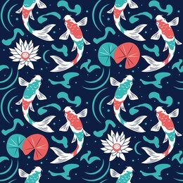 japanese koi carps fish water lily pattern decorative pattern for the background, tile and textiles. it is assembled from modular parts. vector. seamless.