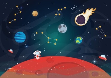 vector illustration of space. space flat vector background with rocket, spaceship, moon, jupiter, satellite, astronaut, planets and stars